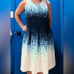 NWOT Elegant Blue and White Sleeveless Dress Carmen Marco Valvo Luxe